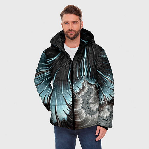 Мужская зимняя куртка Черно-бирюзовый фрактал Абстракция / 3D-Светло-серый – фото 3