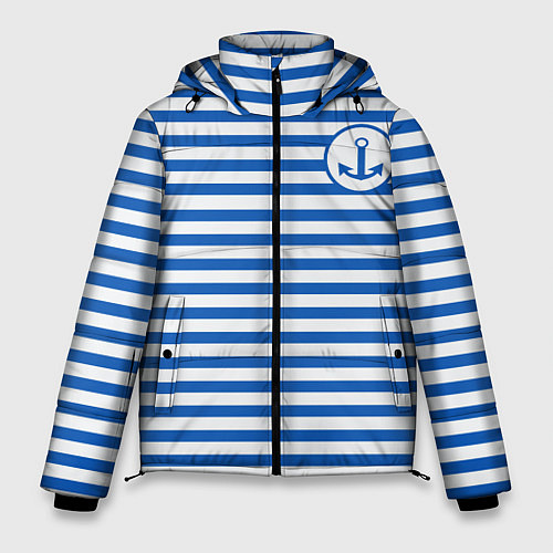Мужская зимняя куртка Морская тельняшка - бело-синие полосы и якорь / 3D-Светло-серый – фото 1
