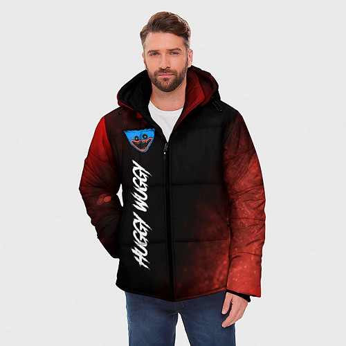 Мужская зимняя куртка Надпись и лицо Huggy Wuggy на темном фоне с огнем / 3D-Черный – фото 3