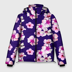 Куртка зимняя мужская Цветы Розовые Гибискус На Синем Фоне, цвет: 3D-красный