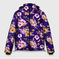 Мужская зимняя куртка Цветы Разноцветные Гибискус и Ирисы На Синем Фоне
