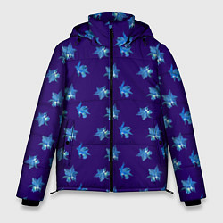 Мужская зимняя куртка Цветы Фиолето-Белые Гибискус На Синем Фоне