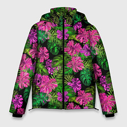 Мужская зимняя куртка Тропические листья и цветы на черном фоне
