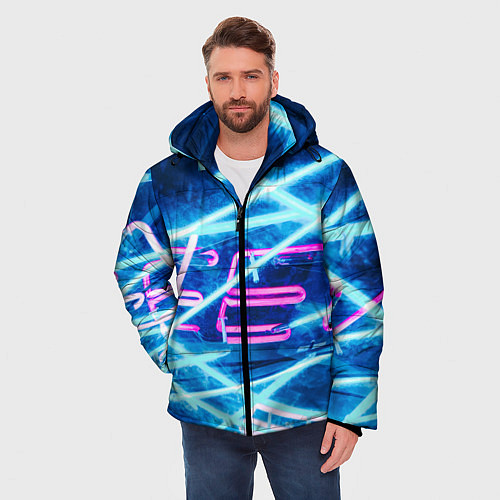 Мужская зимняя куртка Неоновые лучи и буквы - Голубой / 3D-Черный – фото 3