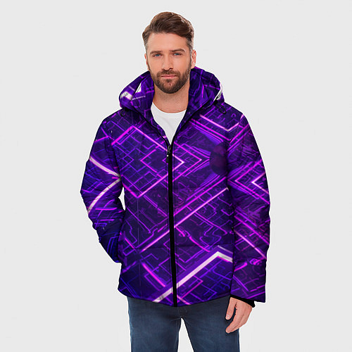 Мужская зимняя куртка Неоновые ромбы в абстракции - Фиолетовый / 3D-Черный – фото 3