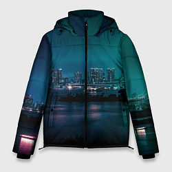 Куртка зимняя мужская Неоновый город с рекой - Светло-зелёный, цвет: 3D-светло-серый