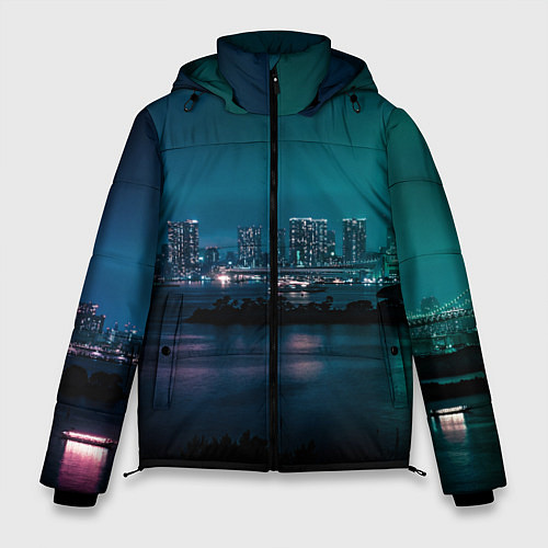 Мужская зимняя куртка Неоновый город с рекой - Светло-зелёный / 3D-Красный – фото 1