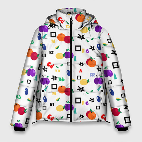 Мужская зимняя куртка Разноцветные фрукты и ягоды на белом фоне / 3D-Красный – фото 1