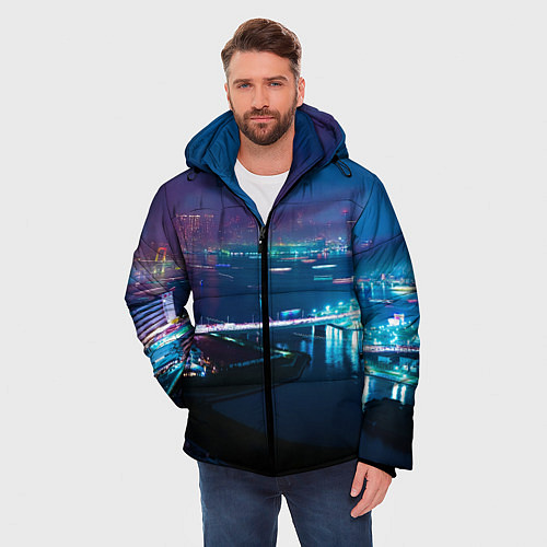 Мужская зимняя куртка Неоновый город и мост - Синий / 3D-Черный – фото 3