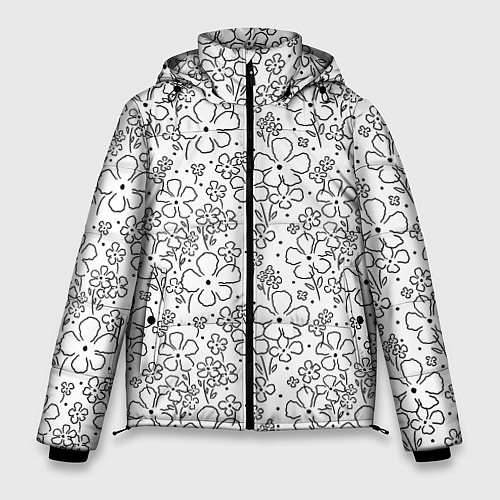 Мужская зимняя куртка Цветочки черные на белом / 3D-Светло-серый – фото 1