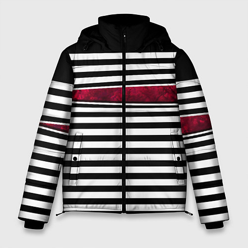 Мужская зимняя куртка Полосатый современный черно-белый с красной вставк / 3D-Красный – фото 1