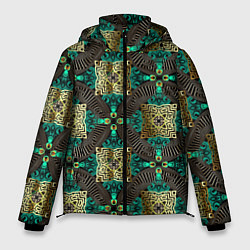 Куртка зимняя мужская Золотые и зеленые квадраты абстракция, цвет: 3D-красный