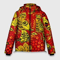Куртка зимняя мужская Хохломская Роспись Две Птици На Красном Фоне, цвет: 3D-черный