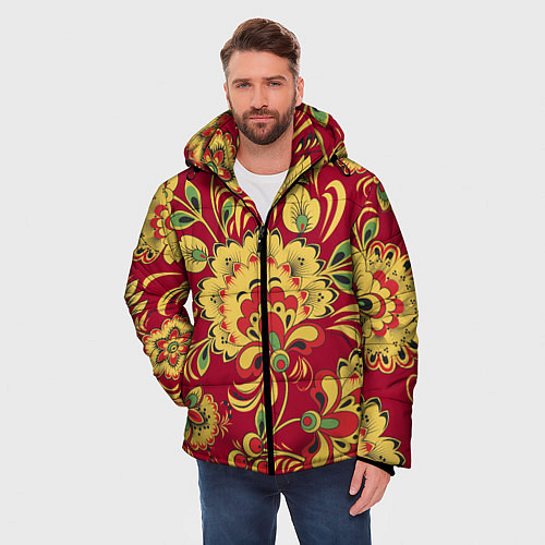 Мужская зимняя куртка Хохломская Роспись Цветы На красном Фоне / 3D-Черный – фото 3