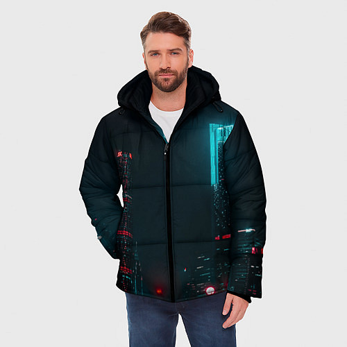 Мужская зимняя куртка Неоновые высотки в городе - Светло-синий / 3D-Светло-серый – фото 3