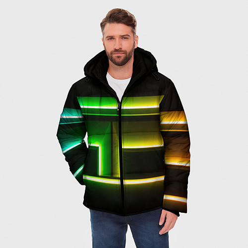 Мужская зимняя куртка Неоновые фигуры и линии - Зелёный и жёлтый / 3D-Черный – фото 3