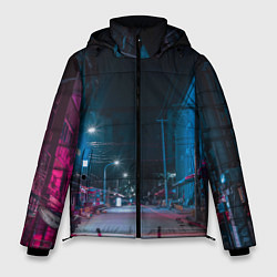 Куртка зимняя мужская Неоновая пустая улица города - Синий, цвет: 3D-черный