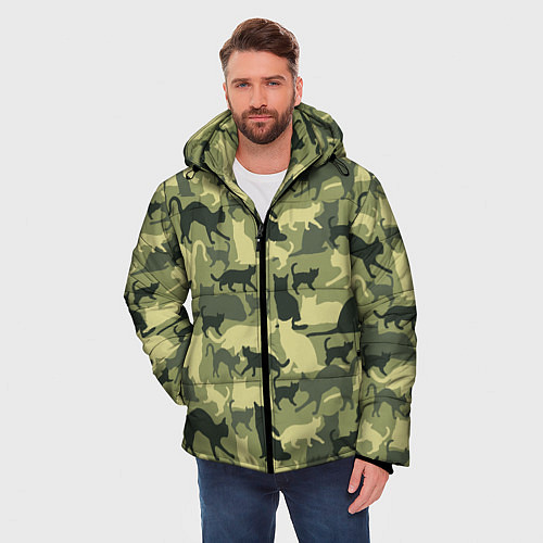 Мужская зимняя куртка Кошачий камуфляж в зеленой гамме / 3D-Черный – фото 3