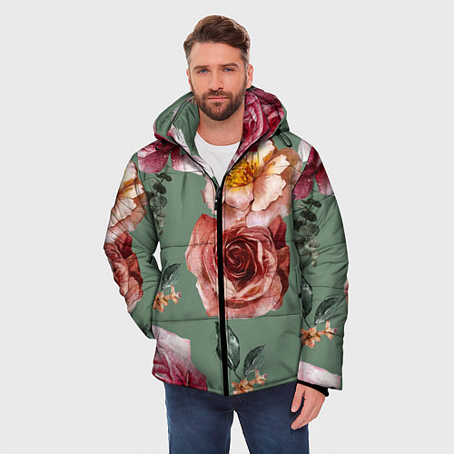 Мужская зимняя куртка Цветы Нарисованные Розы и Пионы / 3D-Красный – фото 3