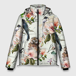Мужская зимняя куртка Цветы Нарисованные Магнолии и Птицы