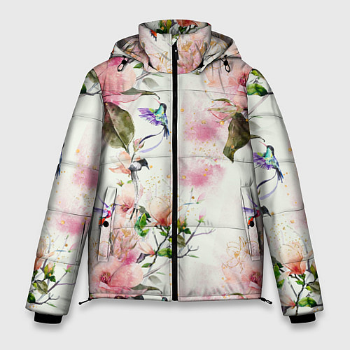 Мужская зимняя куртка Цветы Нарисованные Магнолии и Разноцветные Птицы / 3D-Светло-серый – фото 1