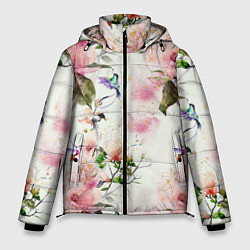 Мужская зимняя куртка Цветы Нарисованные Магнолии и Разноцветные Птицы