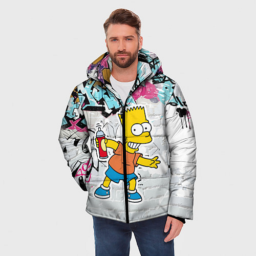 Мужская зимняя куртка Барт Симпсон на фоне стены с граффити / 3D-Черный – фото 3