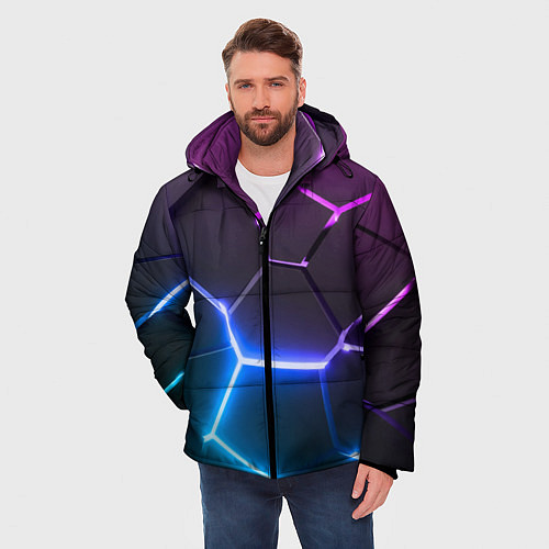 Мужская зимняя куртка Фиолетовый градиент - неоновые геометрические плит / 3D-Черный – фото 3