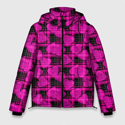 Мужская зимняя куртка Black and pink hearts pattern on checkered / 3D-Красный – фото 1