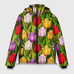 Куртка зимняя мужская Объемные разноцветные тюльпаны, цвет: 3D-черный