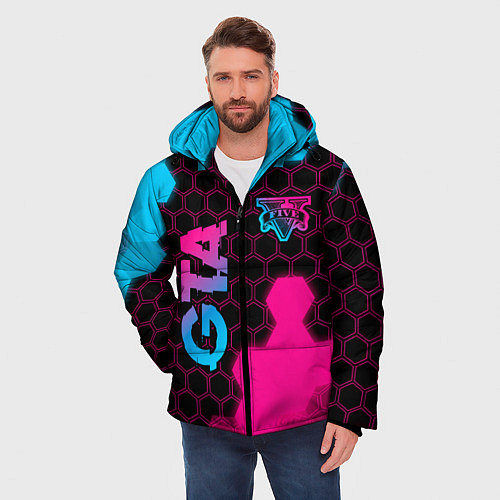 Мужская зимняя куртка GTA - neon gradient: надпись, символ / 3D-Черный – фото 3