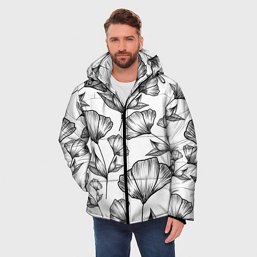 Мужская зимняя куртка Графичные цветы на белом фоне / 3D-Черный – фото 3