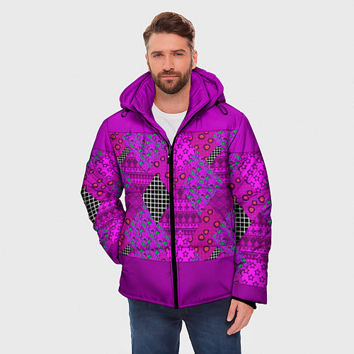 Мужская зимняя куртка Малиновый комбинированный узор пэчворк / 3D-Светло-серый – фото 3