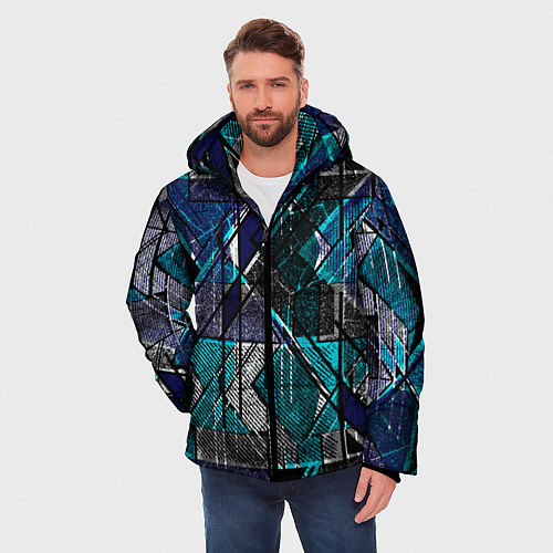 Мужская зимняя куртка Сине - черная гранжевая абстракция / 3D-Черный – фото 3