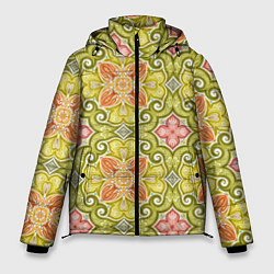 Куртка зимняя мужская Зеленые узоры и оранжевые цветы, цвет: 3D-красный