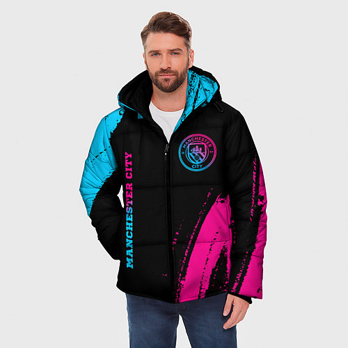 Мужская зимняя куртка Manchester City - neon gradient: надпись, символ / 3D-Черный – фото 3