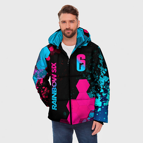 Мужская зимняя куртка Rainbow Six - neon gradient: надпись, символ / 3D-Черный – фото 3