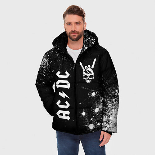 Мужская зимняя куртка AC DC и рок символ на темном фоне / 3D-Черный – фото 3