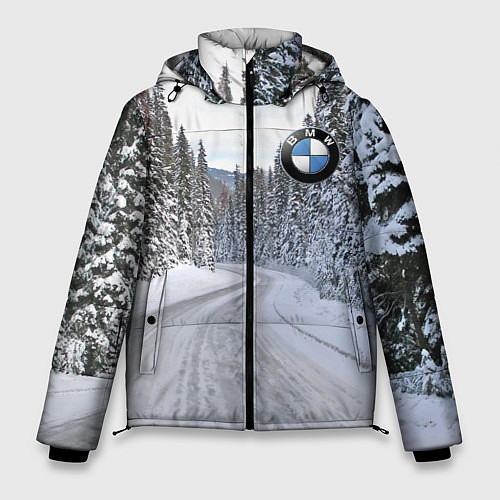 Мужская зимняя куртка BMW - зимняя дорога через лес / 3D-Красный – фото 1