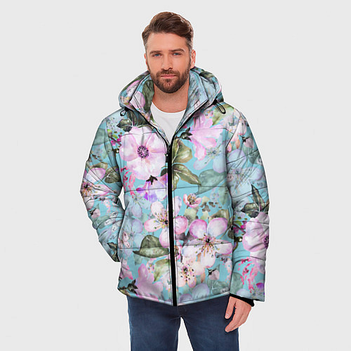 Мужская зимняя куртка Яблоня в цвету акварель / 3D-Черный – фото 3