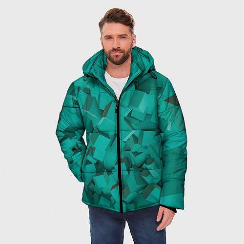 Мужская зимняя куртка Абстрактные сине-зелёные кубы / 3D-Черный – фото 3
