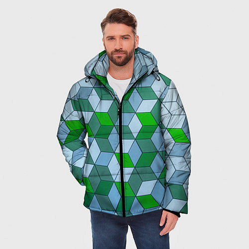 Мужская зимняя куртка Зелёные и серые абстрактные кубы с оптической иллю / 3D-Черный – фото 3