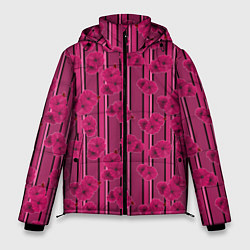 Куртка зимняя мужская Малиновый полосатый узор с цветами анемонов, цвет: 3D-светло-серый
