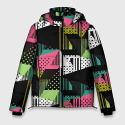 Куртка зимняя мужская Черный горошек и полосы на ярком геометрическом фо, цвет: 3D-светло-серый