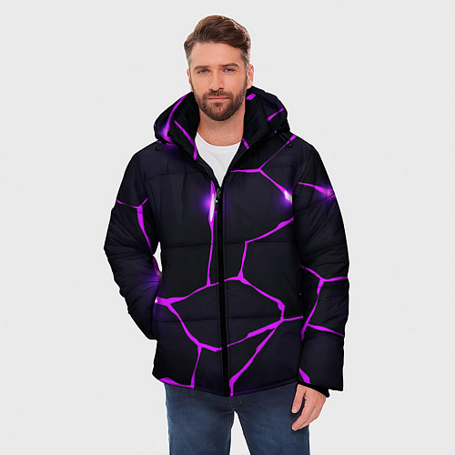 Мужская зимняя куртка Фиолетовые неоновые трещины / 3D-Черный – фото 3