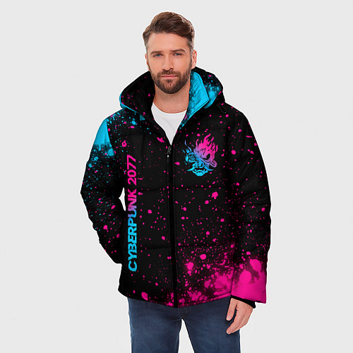 Мужская зимняя куртка Cyberpunk 2077 - neon gradient: надпись, символ / 3D-Черный – фото 3