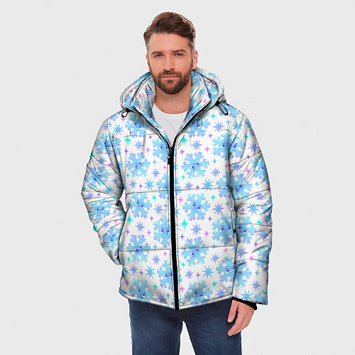Мужская зимняя куртка Снежинки с цветными звездами на белом фоне / 3D-Черный – фото 3