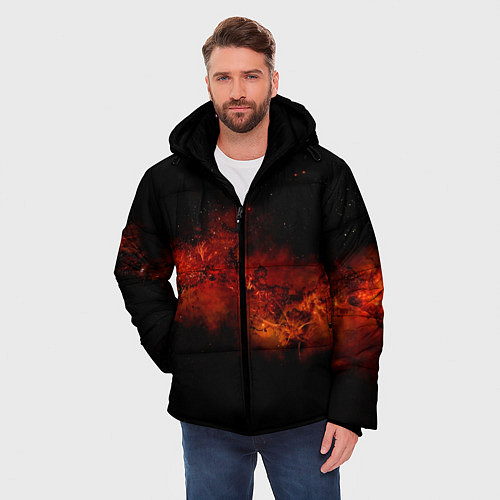 Мужская зимняя куртка Абстрактные взрывы в космосе и красные звёзды / 3D-Черный – фото 3
