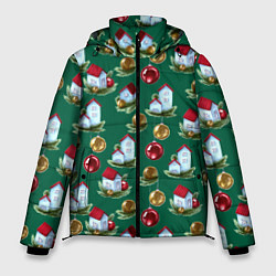 Мужская зимняя куртка Новогодние домики на зеленом - паттерн