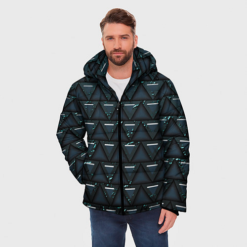 Мужская зимняя куртка Тёмно-зелёные треугольники / 3D-Красный – фото 3